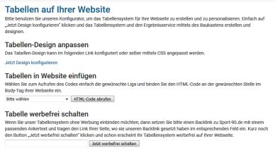 Userbereich für kostenlose Tabellen- und Ergebnisse